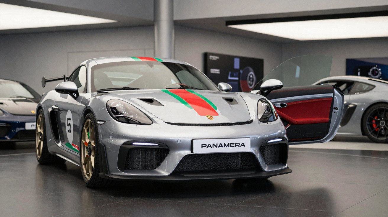 Silberner Porsche Sportwagen mit geöffnetem Beifahrertür im Ausstellungsraum, roter und grüner Streifen auf der Motorhaube.