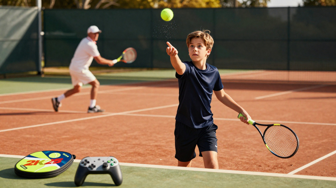 Junge spielt Tennis und wirft Ball hoch, älterer Mann macht Rückhandschlag auf Sandplatz.
