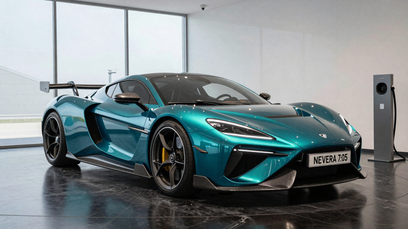Blauer McLaren Nevera 7:05 Supersportwagen in modernem Showroom neben Ladestation.