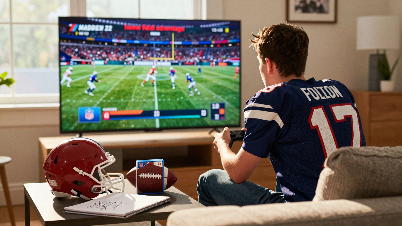 Junge in Fußballtrikot spielt Madden NFL 22 Football-Videospiel auf Fernseher im Wohnzimmer.