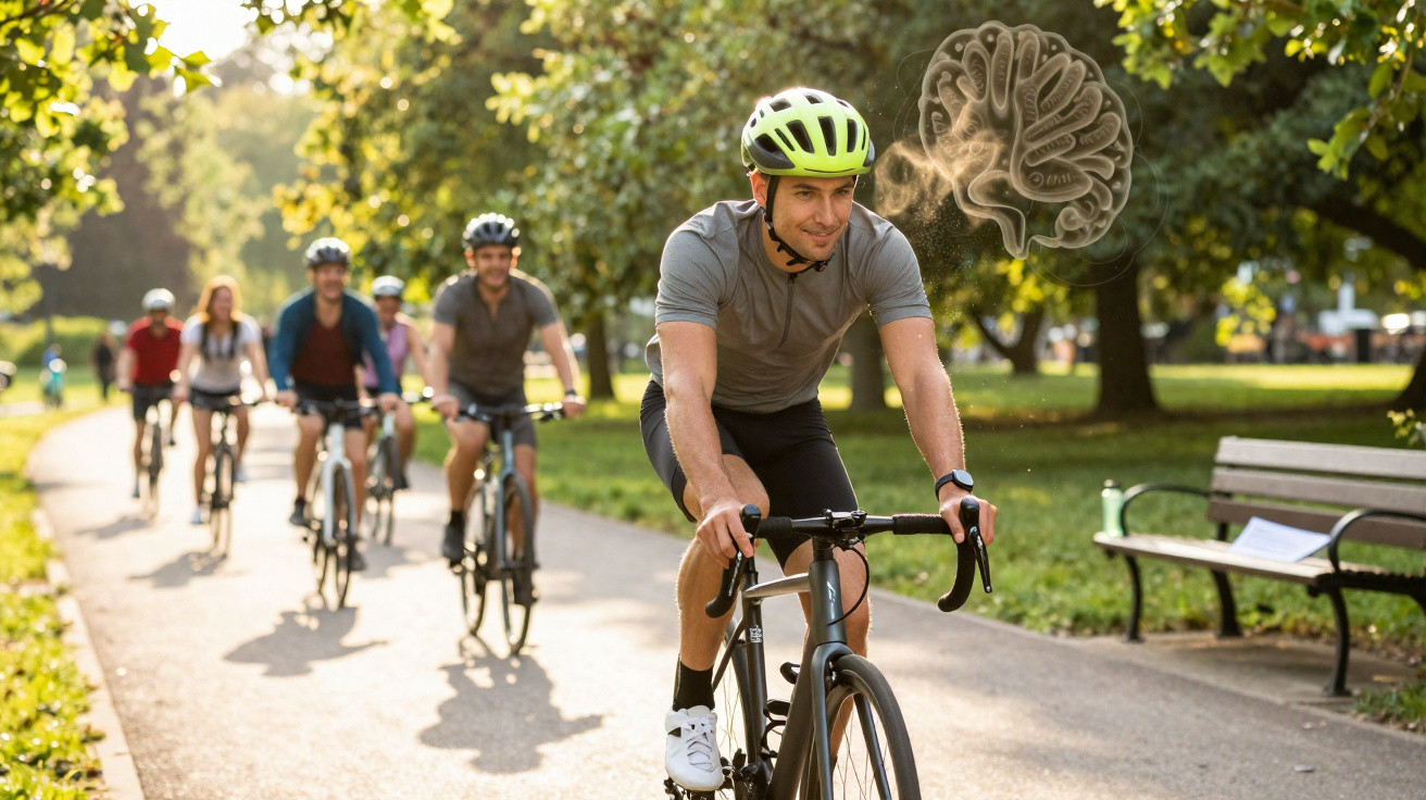 Gruppe Radfahrer auf einem Parkweg bei Sonnenschein, davor schwebende stilisierte Gehirn-Illustration.