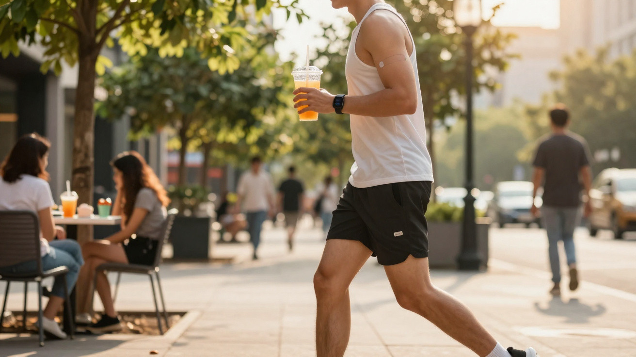 Junger Mann joggt mit Sportkleidung und Getränk in der Hand auf sonnigem Bürgersteig in Stadt.