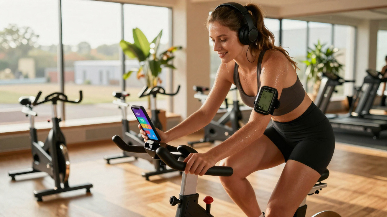 Frau trainiert auf Indoor-Cycle, trägt Sportkleidung und Kopfhörer, schaut auf Smartphone im Fitnessstudio.