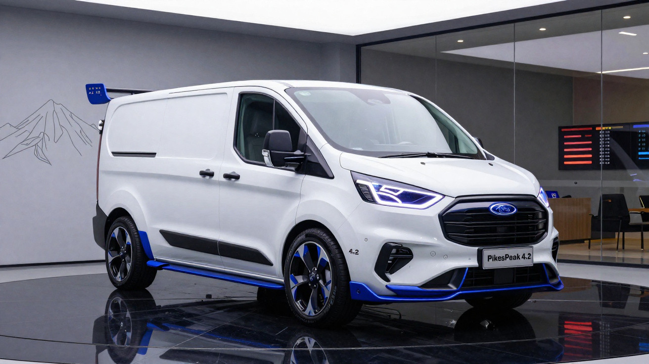 Weißer Ford Transporter Pikes Peak 4.2 mit blauen Akzenten in modernem Showroom