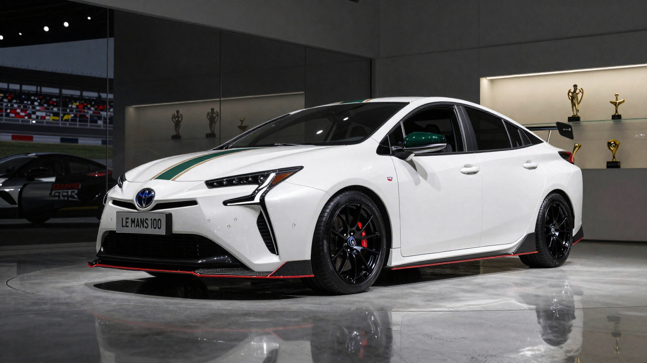 Weißer Toyota Mirai Le Mans 100 Edition mit sportlichen Details und schwarzen Felgen in moderner Ausstellungshalle.