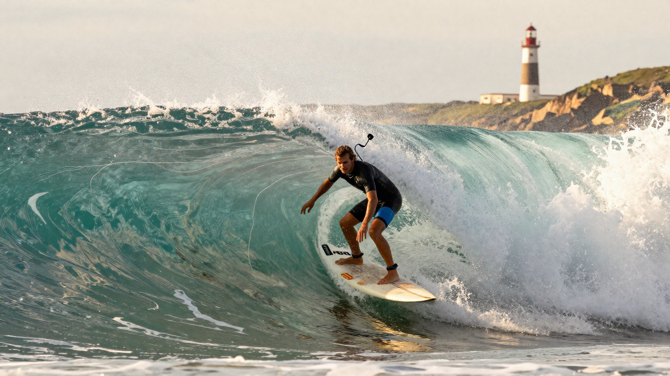 Surfer in schwarzem Neoprenanzug reitet große Welle mit Leuchtturm im Hintergrund bei Tageslicht.