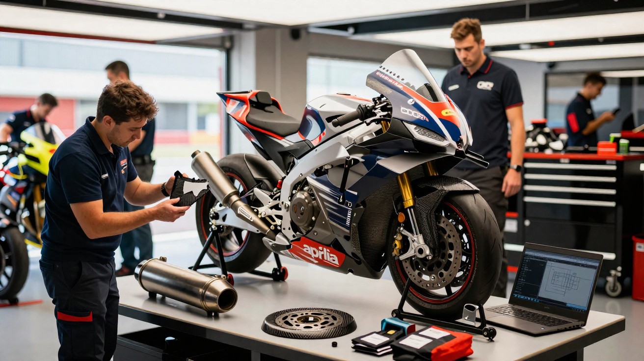 Mechaniker untersucht Auspuff an Aprilia-Motorrad in moderner Werkstatt mit mehreren Personen im Hintergrund.