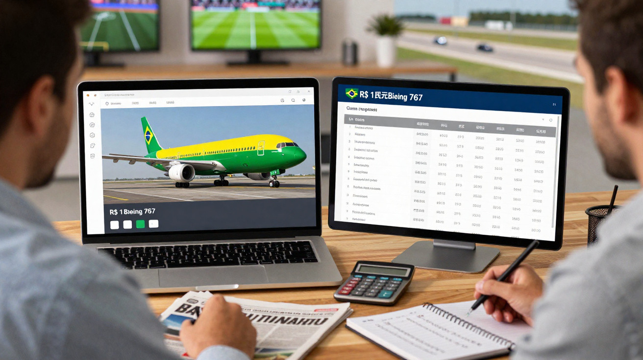 Zwei Männer analysieren auf Monitoren und Laptop Daten zu einem grünen Flugzeug mit gelber Haube namens RS 1 Bleiing 767.