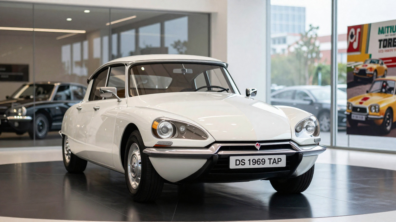 Weißer Citroën DS 1969 in einer modernen Ausstellungshalle mit großen Fenstern und anderen Oldtimern im Hintergrund.