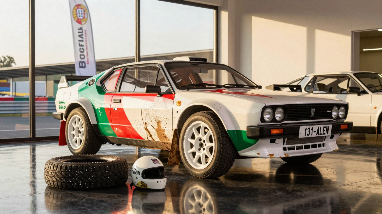 Weißer Rallye-Klassiker mit rotem und grünem Design, Ersatzreifen und Helm in einer hellen Ausstellungshalle.