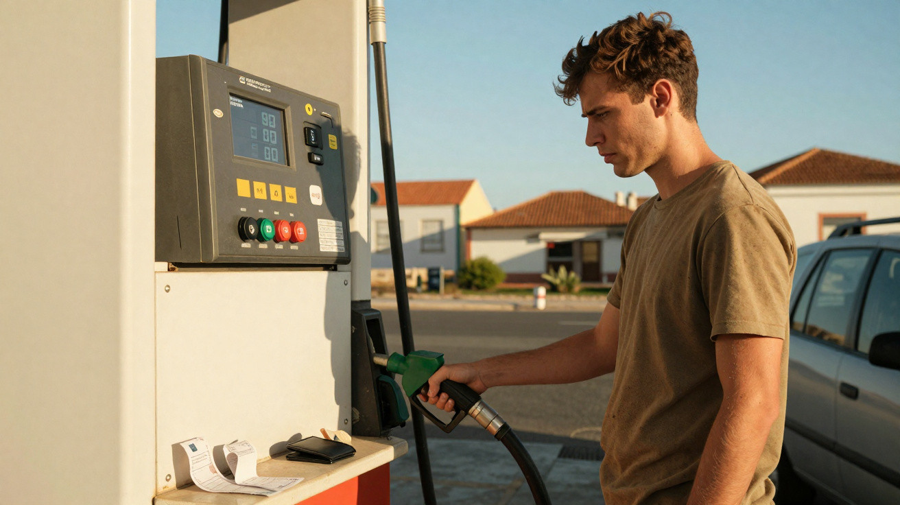 Junger Mann tankt an einer zapfsäule an einer Tankstelle bei Tageslicht.