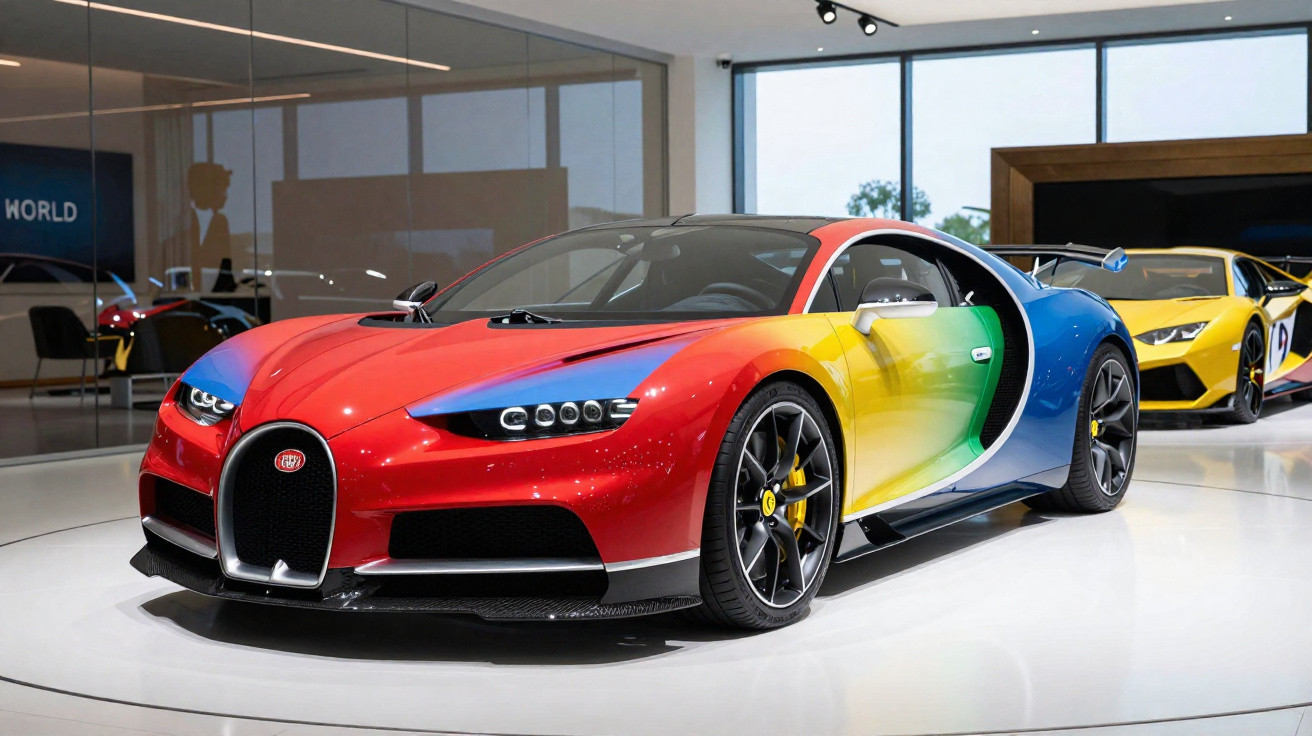 Bunter Bugatti-Sportwagen in Galerie mit gelbem Lamborghini im Hintergrund.