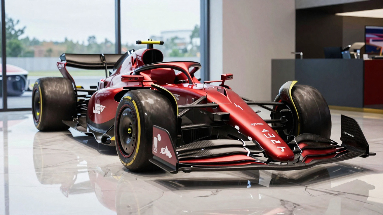 Rotes Formel-1-Rennauto stehend auf glänzendem Boden in modernem Showroom mit großen Fenstern.