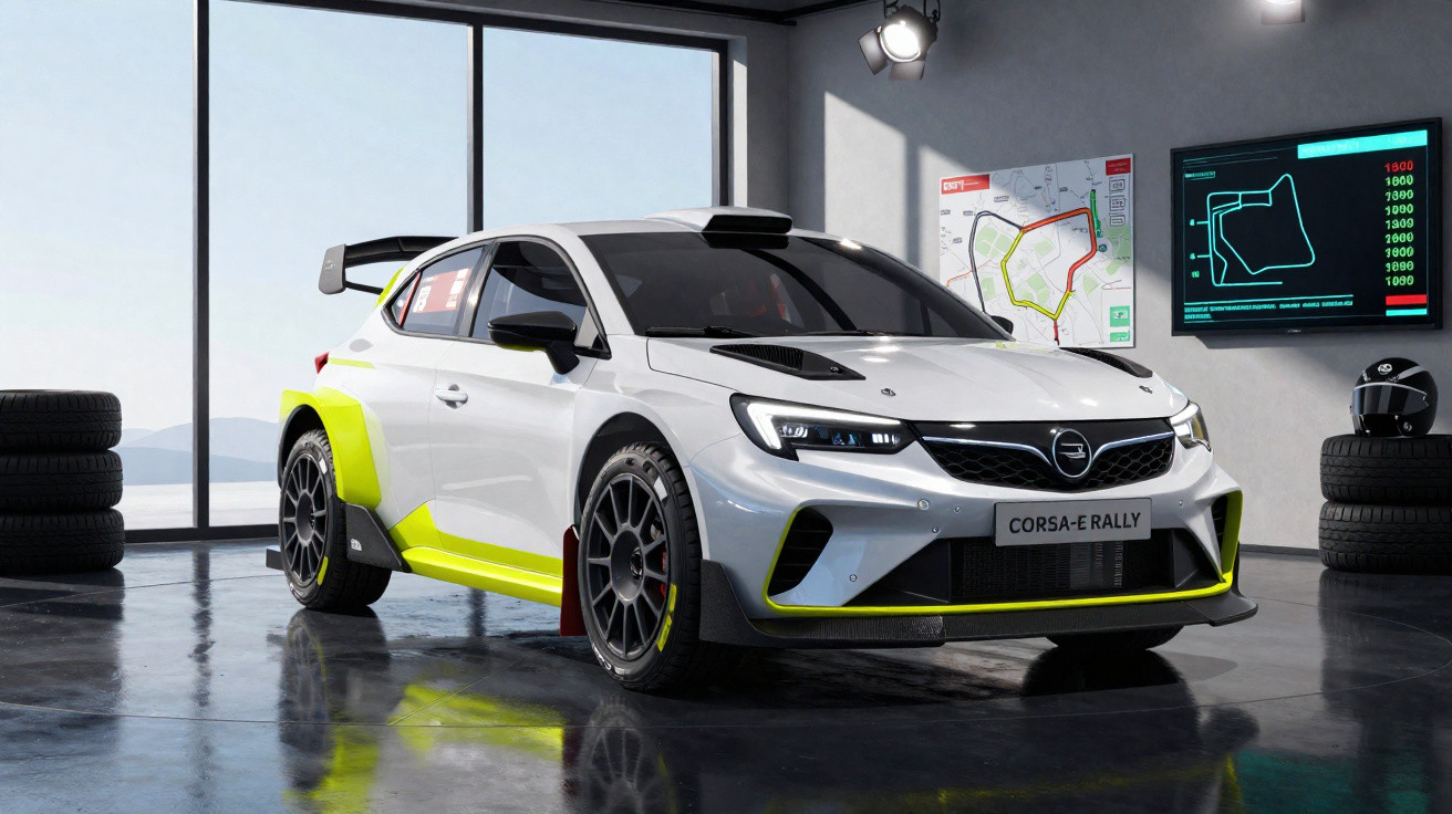 Weißer Opel Corsa-e Rally Rennwagen in moderner Garage mit Reifen und Rennstreckenkarten an der Wand.
