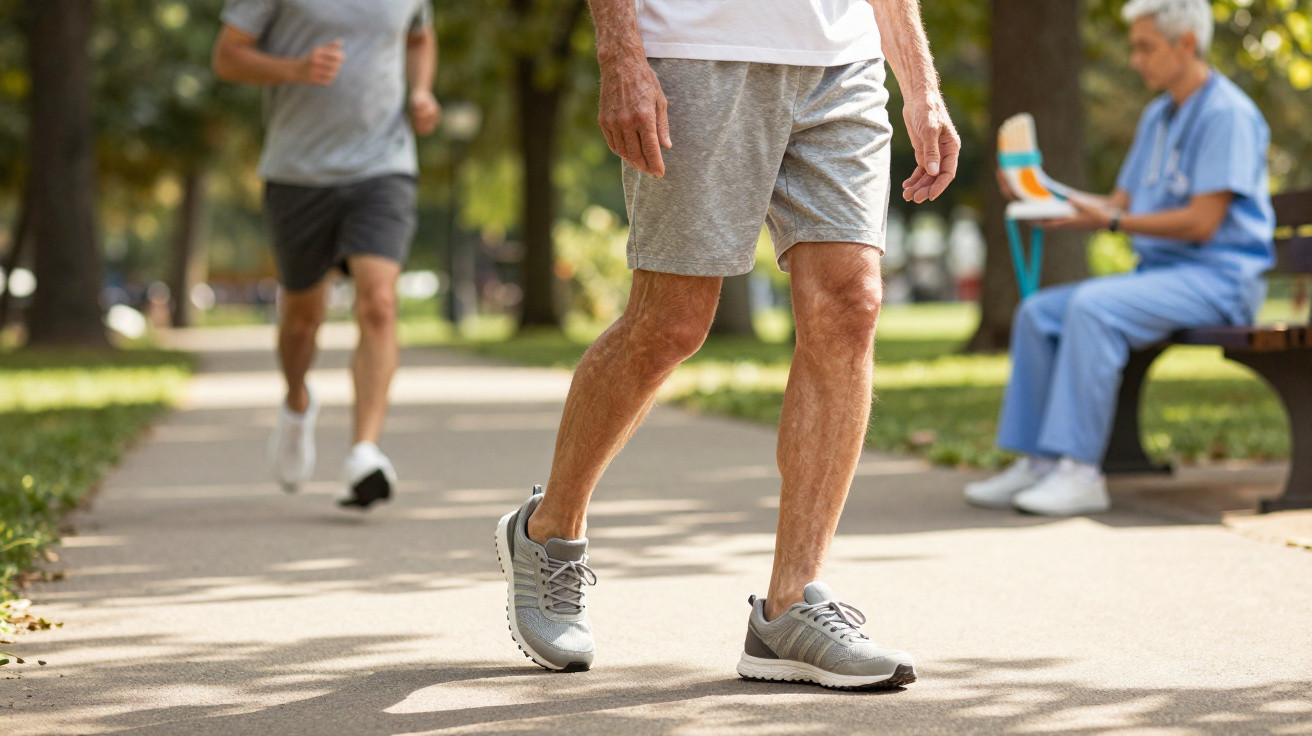 Älterer Mann in grauen Shorts geht im Park, im Hintergrund joggt ein weiterer Mann, auf Bank sitzt Person in Arztkleidung.