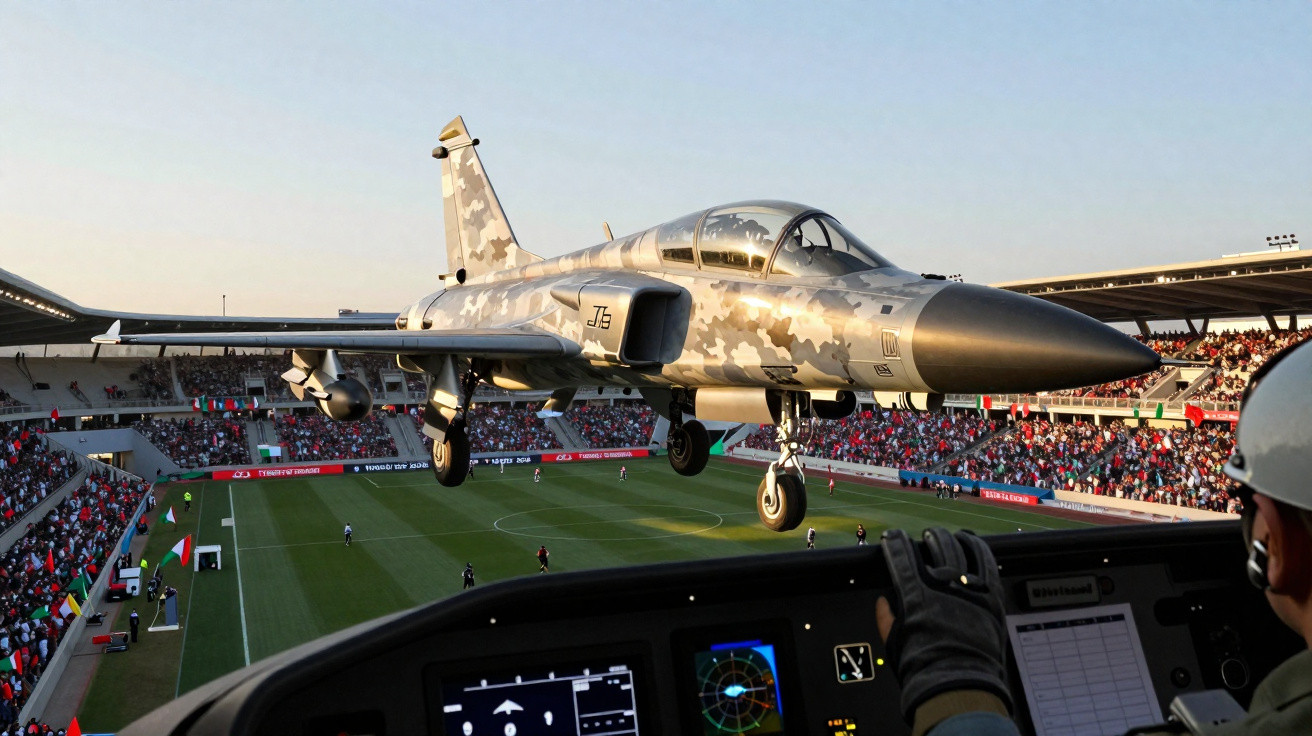 Kampfjet in Tarnfarben fliegt knapp über ein Fußballstadion voller Zuschauer bei Sonnenuntergang.