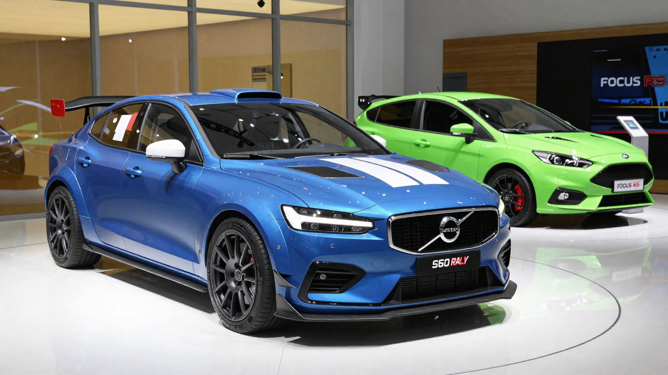 Blauer Volvo 560 Rally und grüner Ford Focus RS nebeneinander auf einer Automesse hinter Glaswänden.