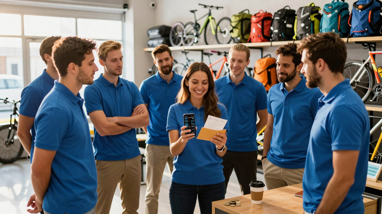 Gruppe von acht Personen in blauen Poloshirts in einem Fahrradgeschäft bei einer Besprechung.