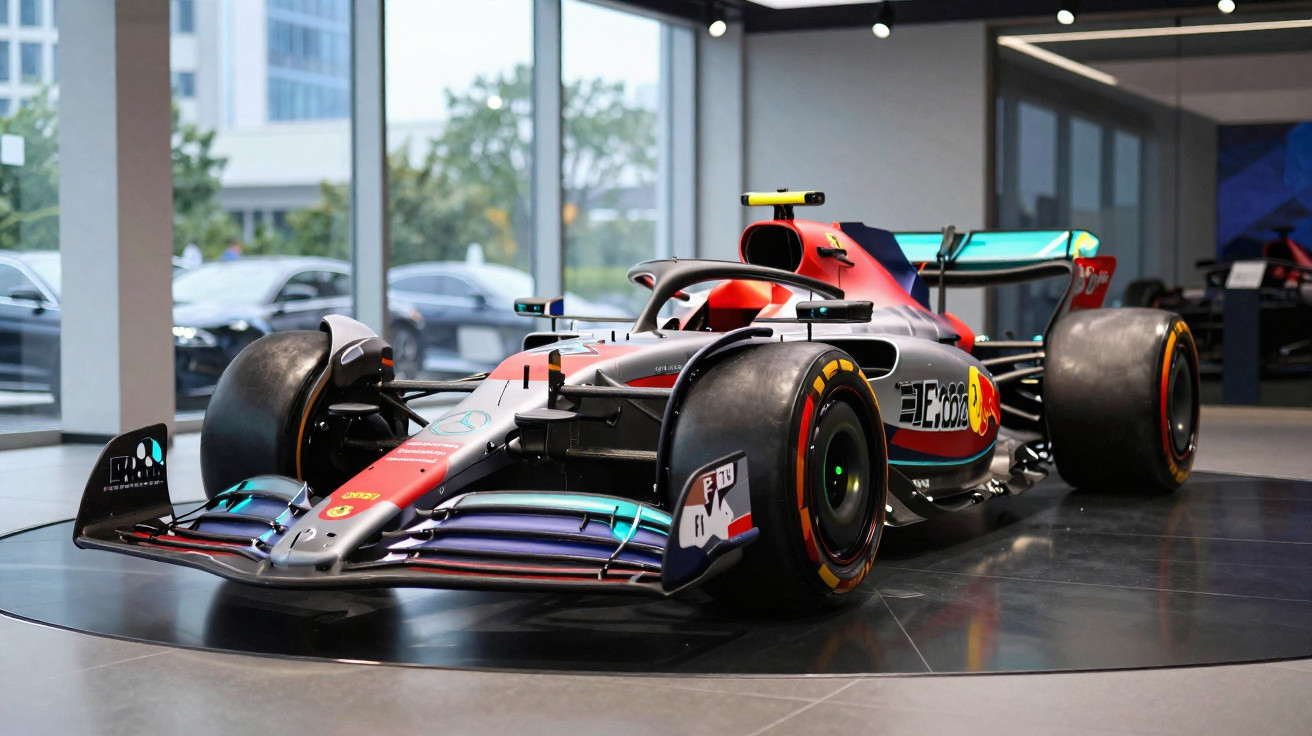 Moderner Formel-1-Rennwagen mit auffälligem Design und Sponsorenaufklebern in einem Ausstellungsraum.