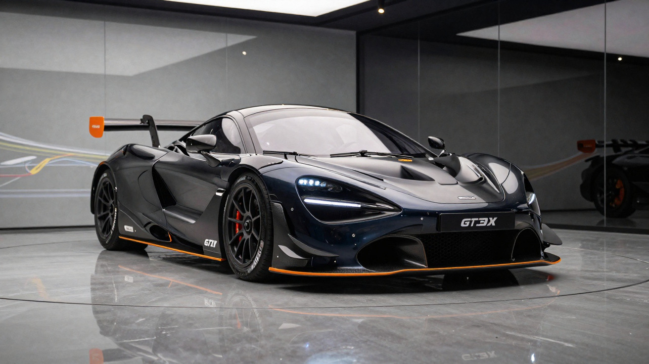 Schwarzer McLaren GT3X Rennwagen mit orangen Akzenten in modernem, spiegelndem Showroom.