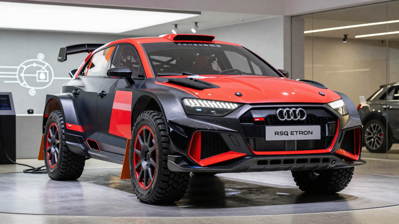 Audi RS Q e-tron Rennwagen in Rot-Schwarz mit großen Reifen in moderner Halle stehend.