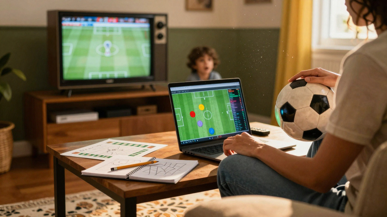 Person mit Fußball am Schoß schaut Fußballspiel auf Laptop, Fernseher zeigt Spielsituation, Kind im Hintergrund