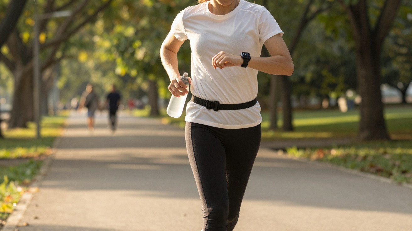 Frau joggt im Park mit Wasserflasche in der Hand und Smartwatch am Handgelenk bei sonnigem Wetter.