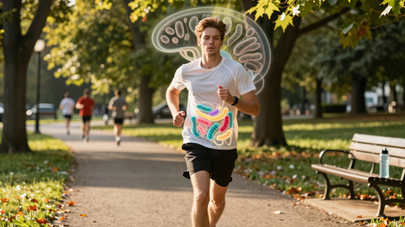 Mann joggt im Park, überlagert von grafischer Darstellung des Darms und Gehirns als Symbol für Gesundheit.