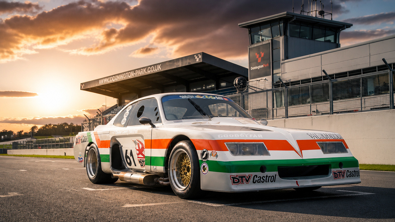 Weißer Rennwagen mit grüner und orangefarbener Streifenlackierung auf der Rennstrecke bei Sonnenuntergang.