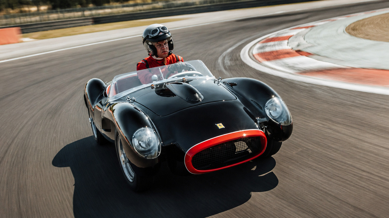 Fahrer in rotem Overall steuert schwarzen Oldtimer-Sportwagen auf Rennstrecke in Kurve bei Sonnenschein.