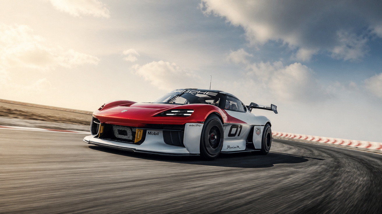 Roter und weißer Porsche Rennwagen mit Spoiler auf Rennstrecke bei bewölktem Himmel, dynamische Aufnahme.