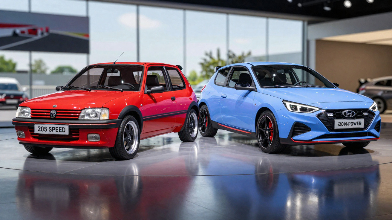 Zwei sportliche Kleinwagen nebeneinander in einer modernen Ausstellungshalle, rot und blau lackiert.