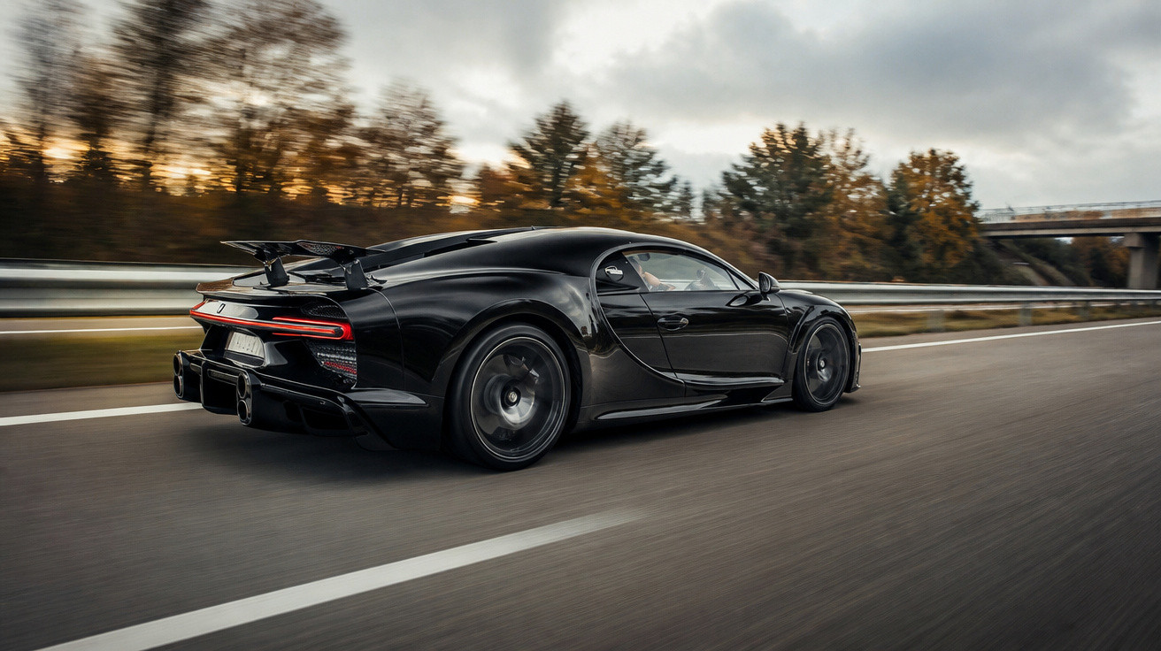 Schwarzer Sportwagen fährt schnell auf Autobahn mit herbstlichen Bäumen im Hintergrund.