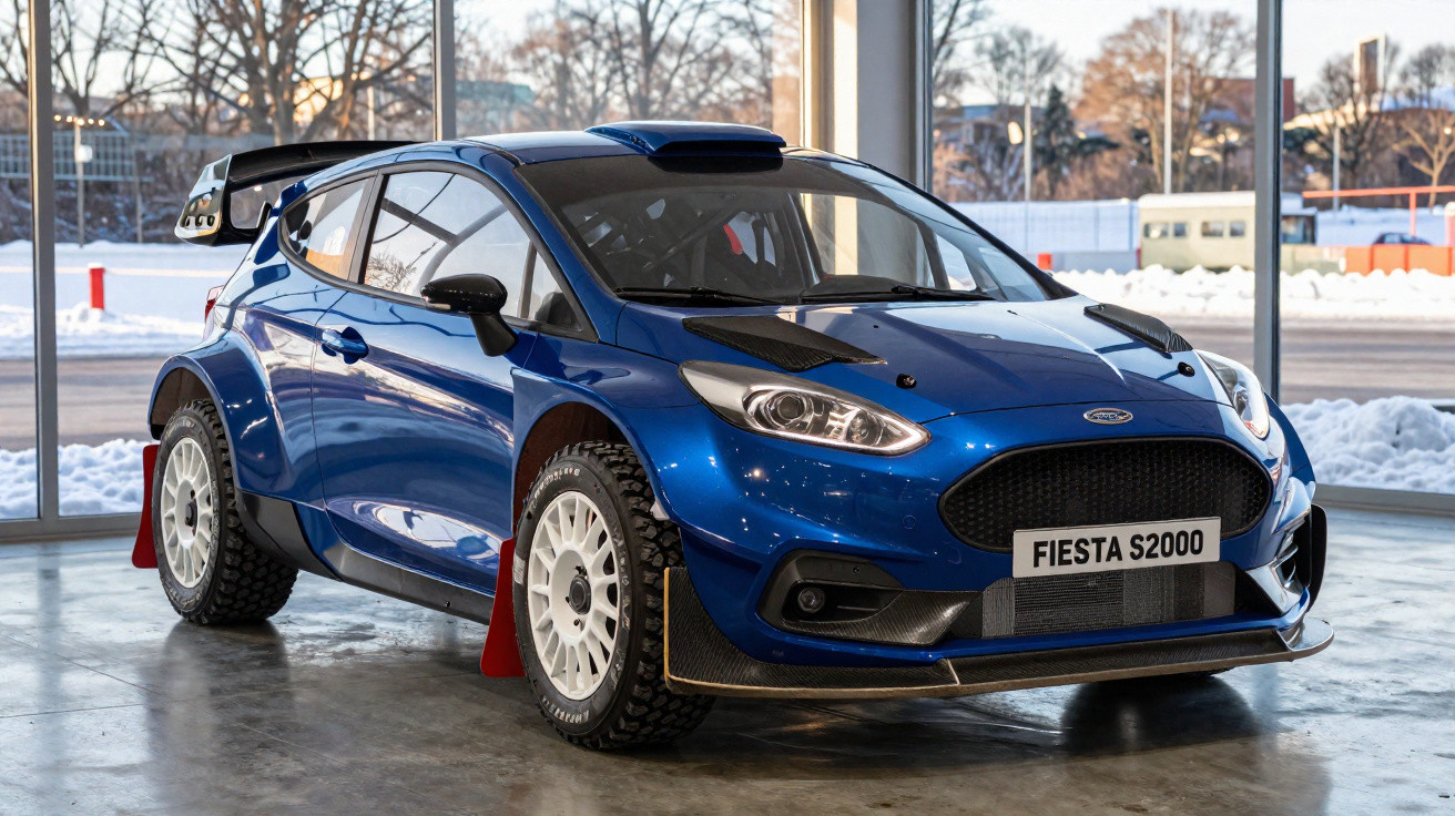 Blauer Ford Fiesta S2000 Rallyeauto mit breiter Karosserie und großen Reifen in einer Ausstellungshalle.