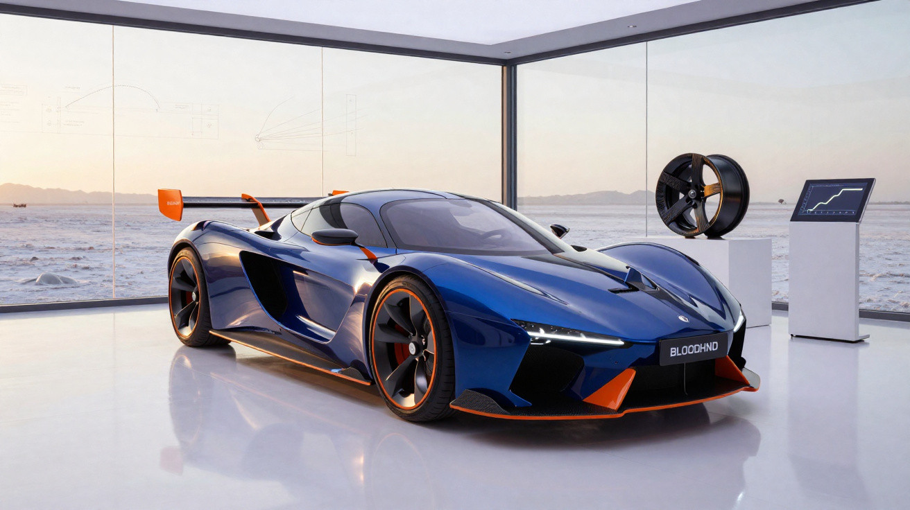 Blauer Supersportwagen mit orangefarbenen Akzenten in modernem Glasraum mit Bergsicht und Ausstellungsstücken.