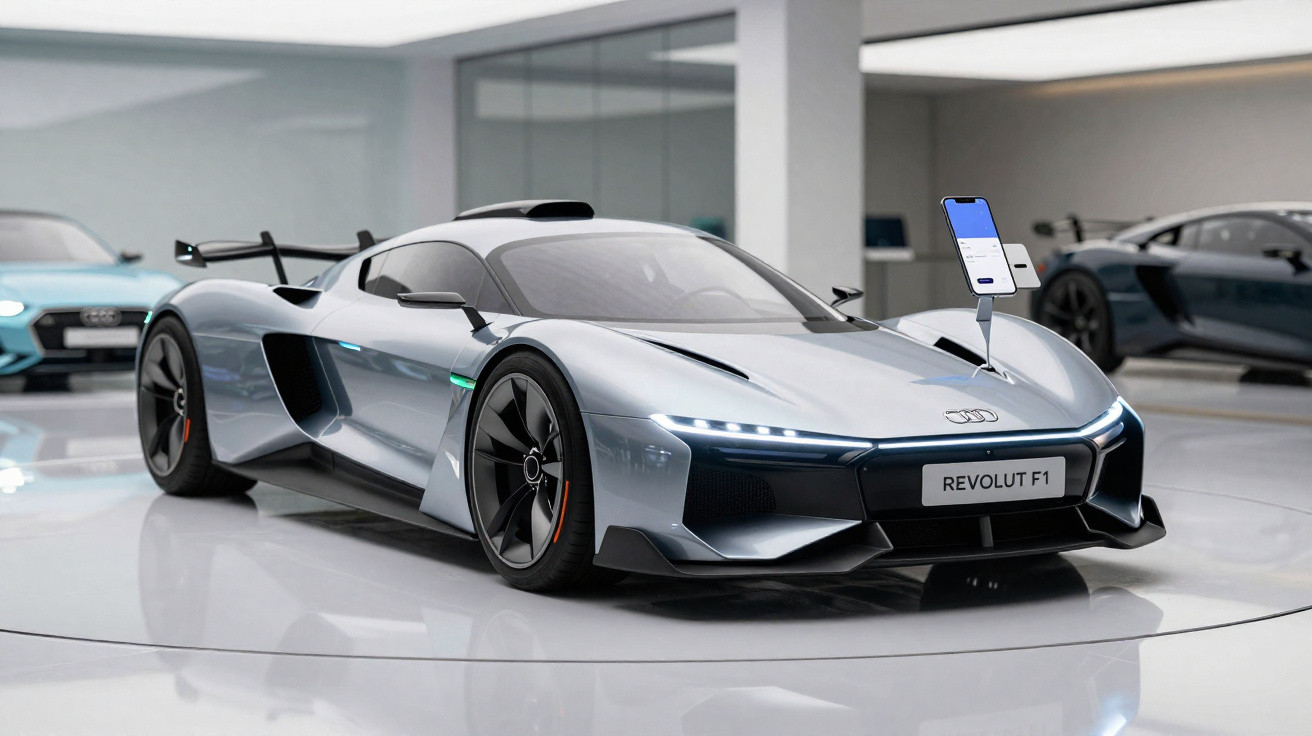 Silberner Audi Revolt F1 Supersportwagen in modernem Ausstellungsraum mit Smartphone-Halterung am Kotflügel.