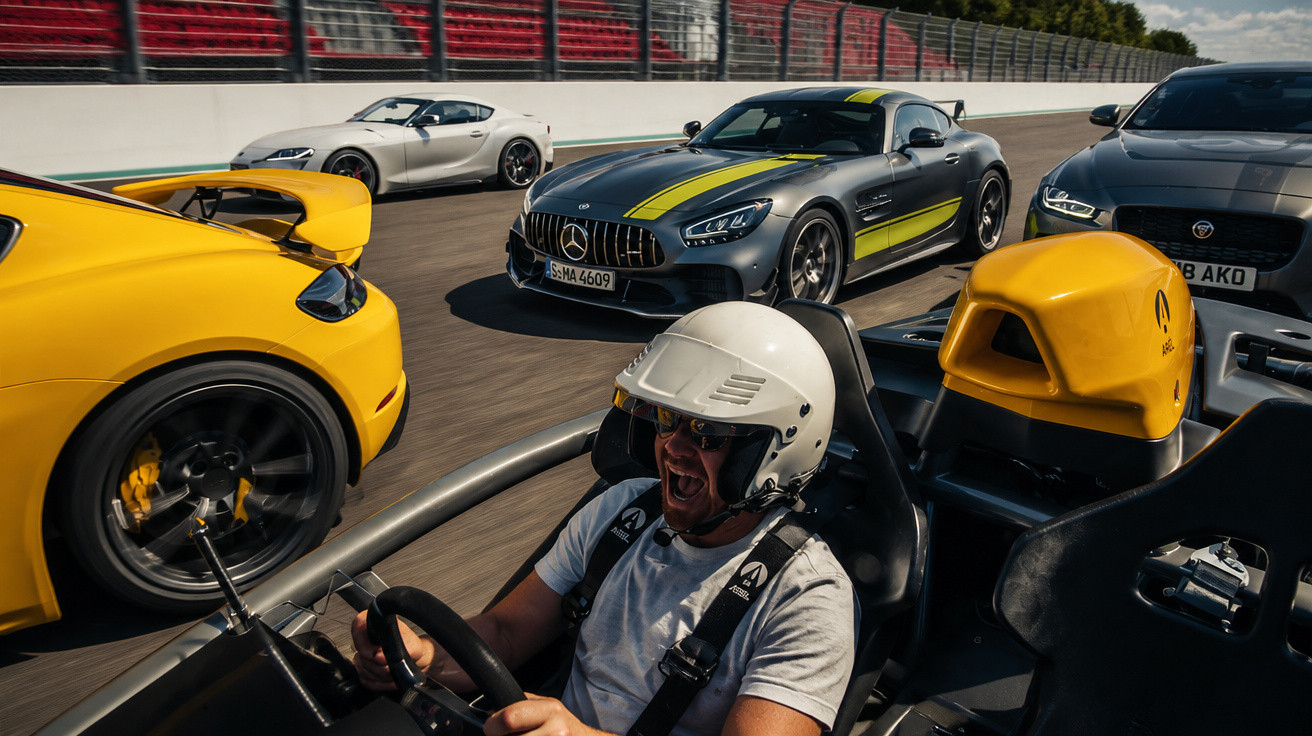 Mehrere Sportwagen, darunter ein gelber und ein grauer Mercedes, fahren auf einer Rennstrecke mit Fahrer im weißen Helm.