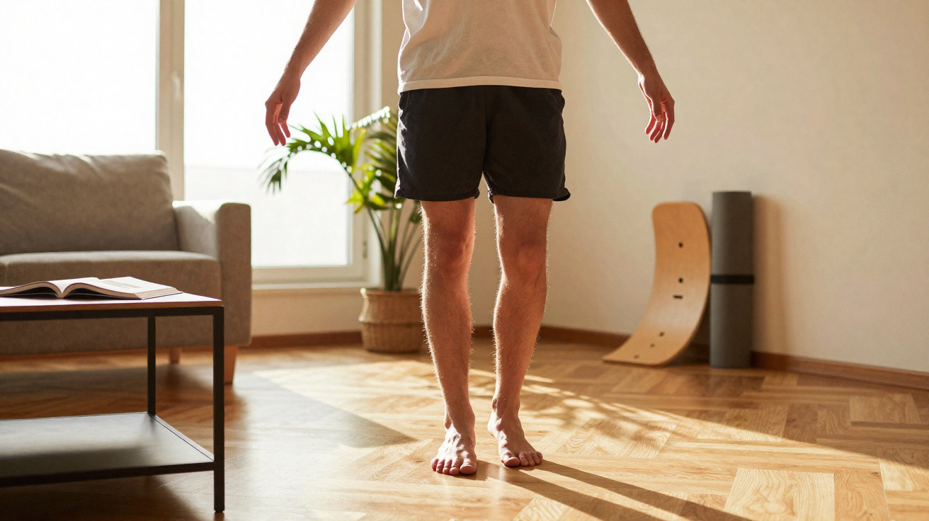 Mann steht barfuß auf Parkettboden in einem hellen Wohnzimmer mit Sofa, Pflanze und Yoga-Equipment.