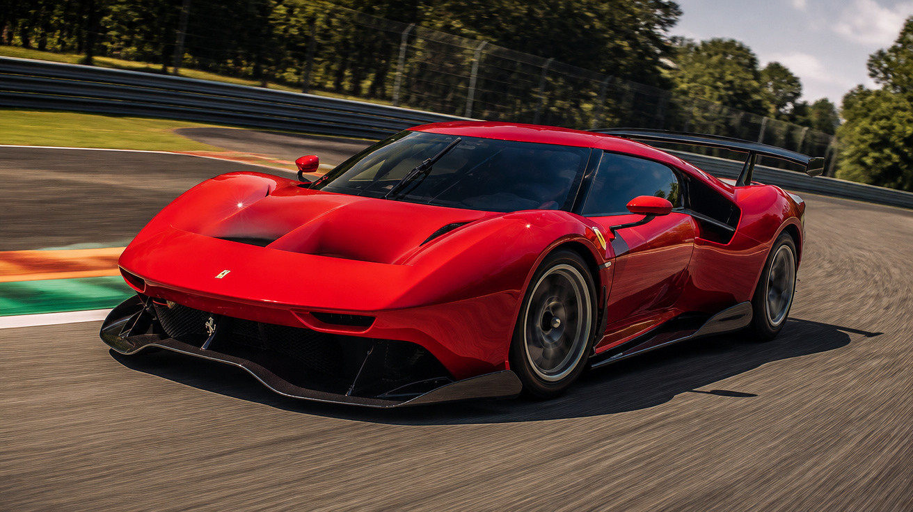 Roter Ferrari-Supersportwagen auf Rennstrecke bei sonnigem Wetter, umgeben von Bäumen.
