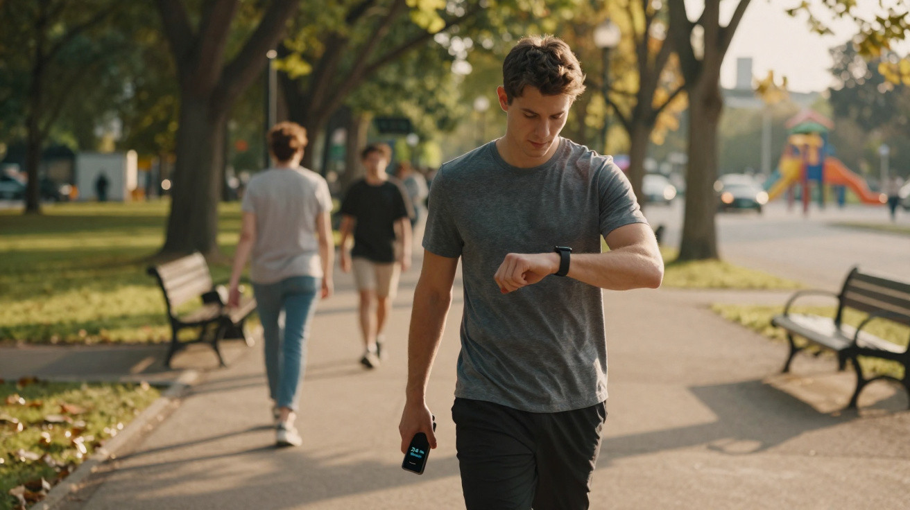 Junger Mann schaut beim Spaziergang im Park auf seine Smartwatch, andere Personen im Hintergrund.