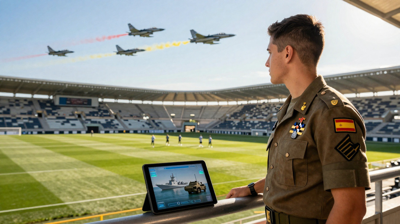 Soldat blickt in Fußballstadion auf startende Kampfjets mit farbigem Rauch, Tablet zeigt Militärfahrzeuge.