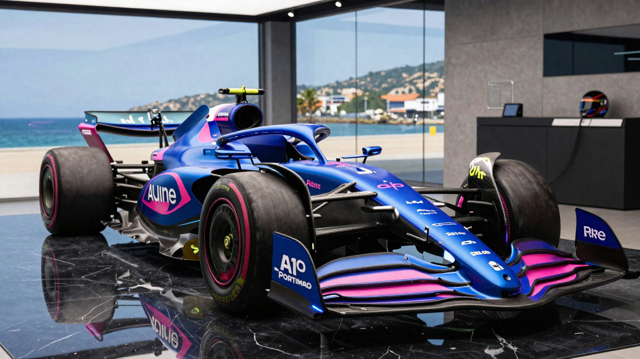 Blauer und pinker Formel-1-Rennwagen steht in moderner Ausstellungshalle mit Meerblick im Hintergrund.