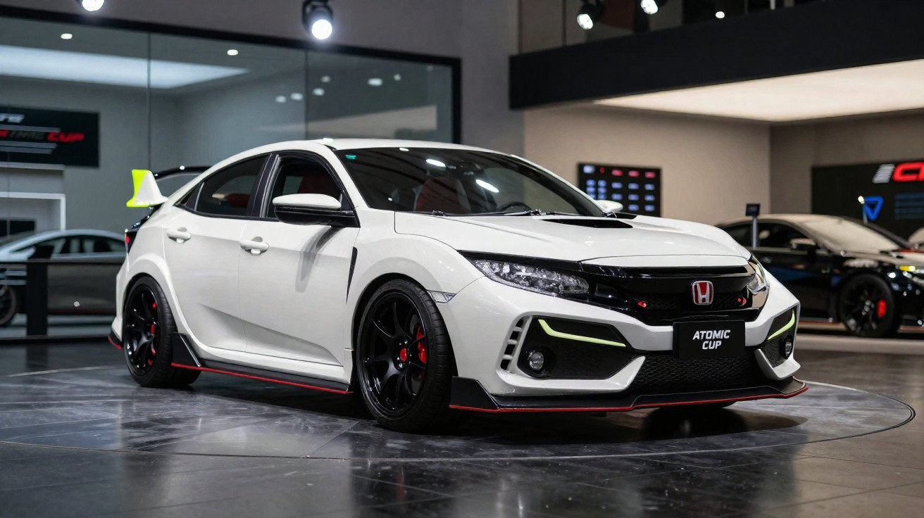 Weißer Honda Civic mit schwarzem Felgen-Design und sportlichen Details in moderner Ausstellungshalle.