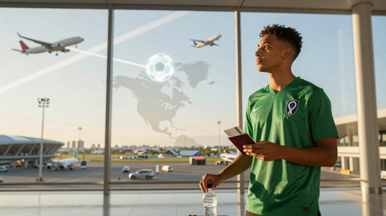 Junger Mann mit Reisepass und Wasserflasche am Flughafen vor Fenster mit Landkarte, Fußball und Flugzeugen.