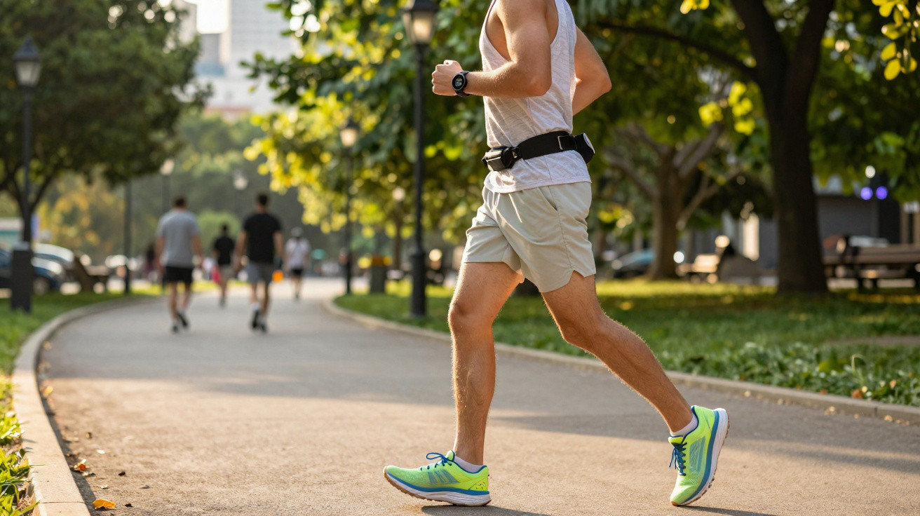 Mann joggt im hellen Sportoutfit auf einem sonnigen Parkweg mit Bäumen und weiteren Läufern im Hintergrund.