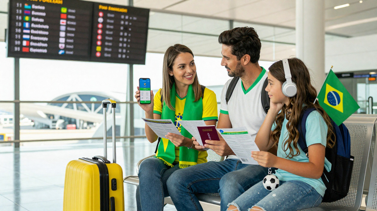 Familie mit brasilianischer Fahne wartet am Flughafen mit Reisepässen, Tickets und Koffer.