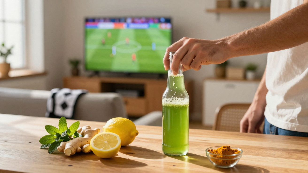 Person greift zu grüner Getränkeflasche, Zitronen, Ingwer, Minze und Kurkuma auf Holztisch vor Fernseher mit Fußballspiel.