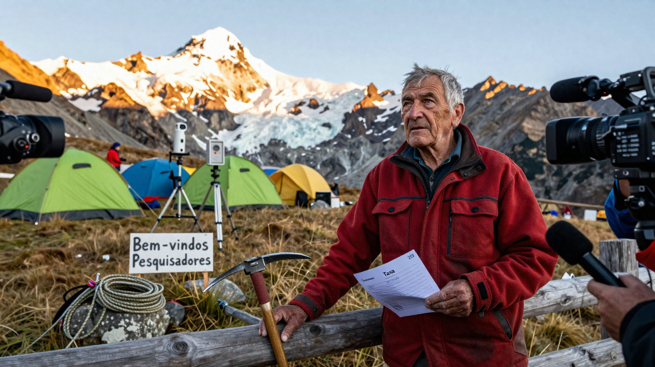 Älterer Mann in rotem Jacke vor Berg mit Zelten und Kameras bei Sonnenuntergang.
