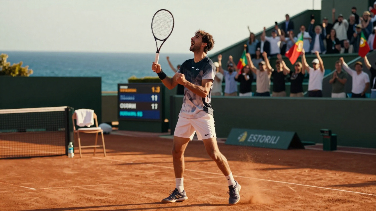 Tennisspieler jubelt auf Sandplatz vor jubelndem Publikum und blauem Himmel mit Meer im Hintergrund.