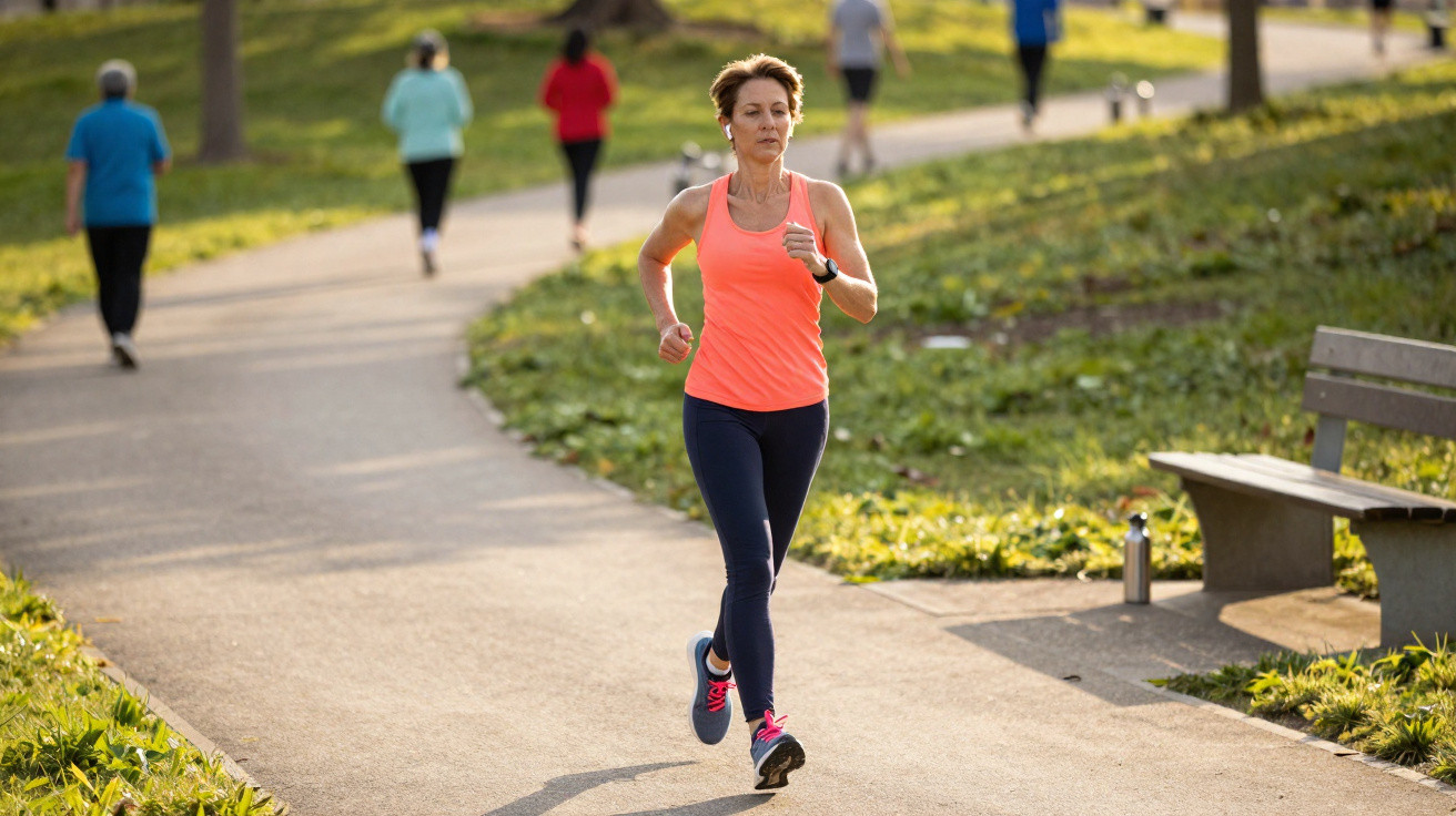 Frau joggt auf Parkweg, trägt oranges Top und schwarze Leggings, andere Spaziergänger im Hintergrund.